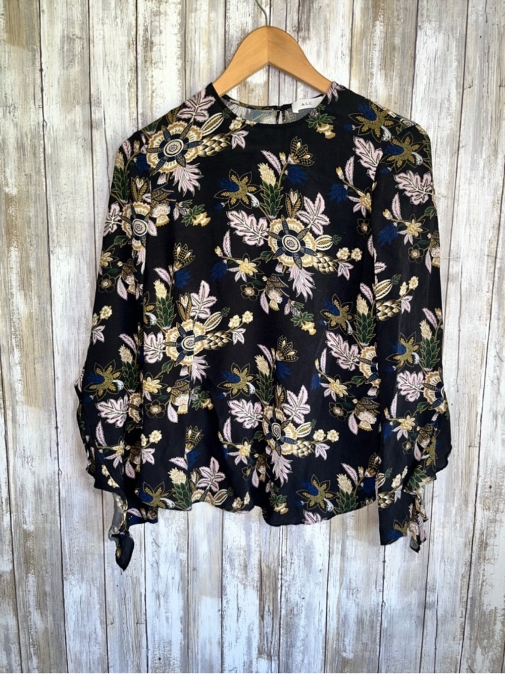 A.L.C. Cooper Silk Blouse Black Floral Open Back Hi Lo Hem Long Sleeve Top 2 - Picture 4 of 9